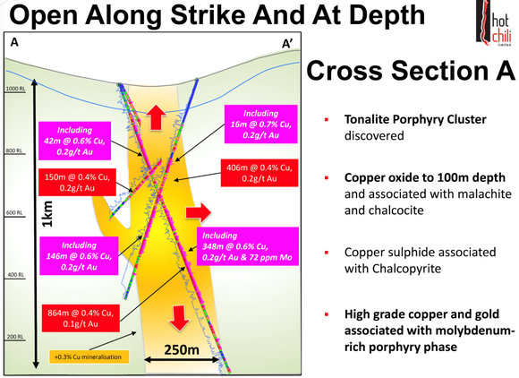 Section A displaying drilling results and an interpretation of one of the host tonalitic porphyry intrusions at Cortadera